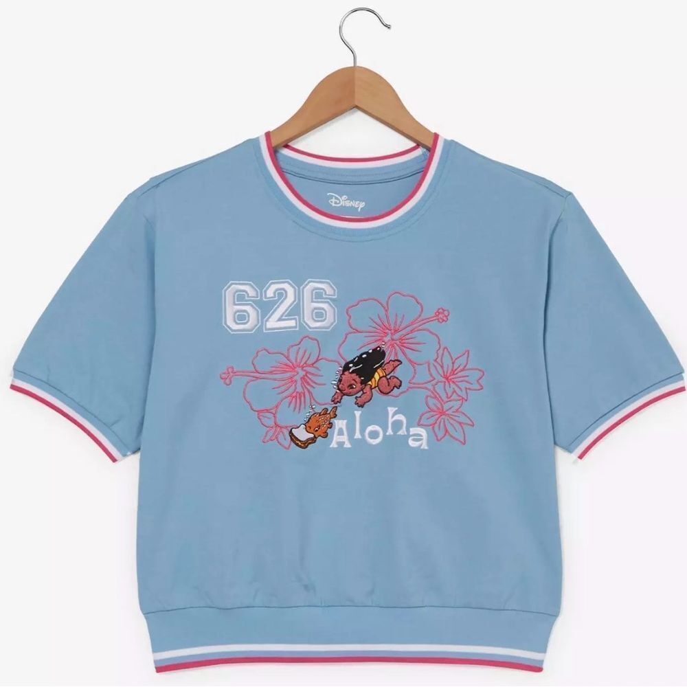 Disney Lilo & Stitch Floral Cropped Ringer T-shirt Blue Small NWT IN PACKAGE